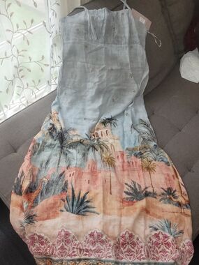 Maxi Sundress with Tropical Castle Print - Light Blue & Coral